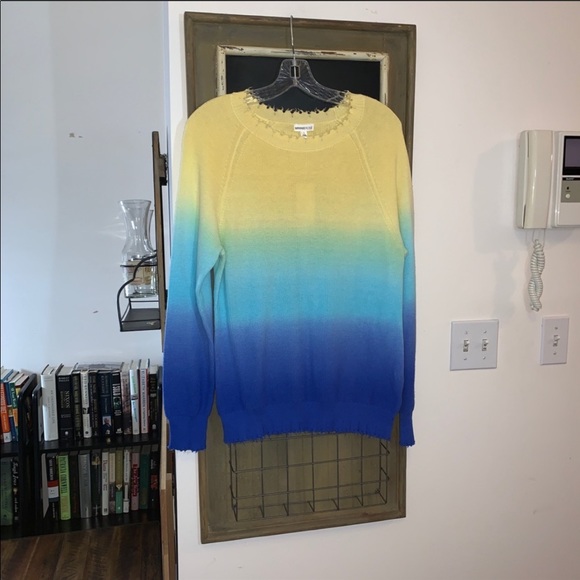 Minnie Rose Women's Blue Distressed Ombré Sweater - Picture 3 of 8